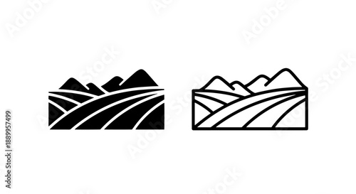 Rolling Hills Icons: Landscape with Fields in Solid and Outline