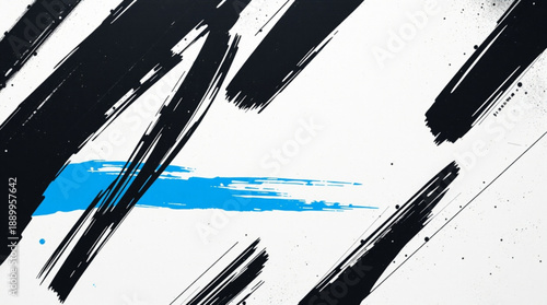 Abstract background with dynamic black and blue brushstrokes on a white canvas, featuring expressive paint textures and splatters.