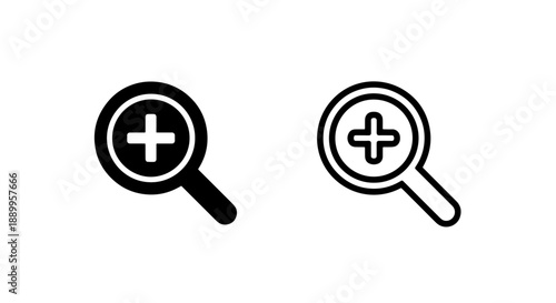Zoom In Icons: Magnifying Glass with Plus Sign in Solid Black and Outline Styles