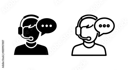 Customer Service Agent Icons in Silhouette and Outline Style