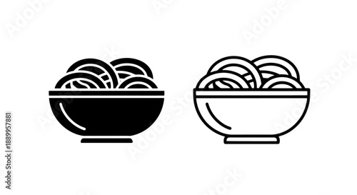Clean Icons of Noodles in a Bowl with Chopsticks, in Black and Outline