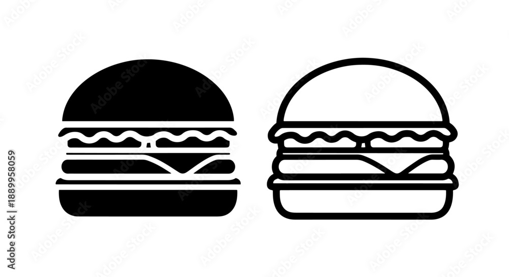 Fototapeta premium Cheeseburger Icon: Black Silhouette and Outline for American Food and Takeaway