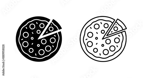 Whole Pizza Icon with Slice Removed: Solid Black and Outline Style for Italian Cuisine