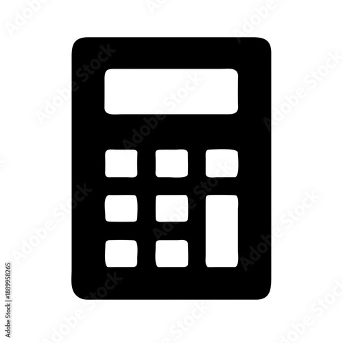 Black and white icon of calculator with display screen and grid of buttons, symbolizing math, accounting, budgeting, and financial calculations