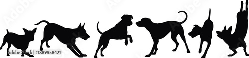 Dog silhouette set showing playful jumping, running and standing poses, black canine figures isolated on white background for design