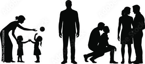 Family silhouette set showing parents and children bonding moments, human relationship figures isolated on white background illustration design