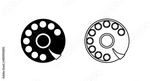 Icons of a rotary dial telephone wheel, one solid black and one outline, representing dialing and communication.