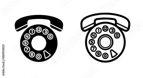 Retro rotary dial telephone icons in black and white, symbolizing communication, history, and vintage technology.