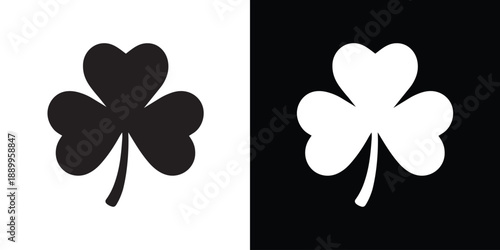 Three-leaf shamrock clover vector icon. Symbol of luck, Irish heritage, and Saint Patrick's Day. Clean minimalist nature element in solid black and white styles for logo or web design.