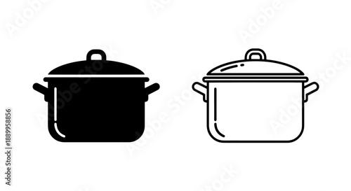 Clean vector illustrations of a cooking pot with a lid, presented in both solid fill and line art styles.