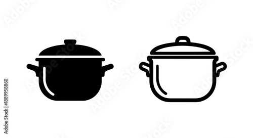 Two simple graphic representations of a cooking pot with a lid, one in silhouette and one as an outline.