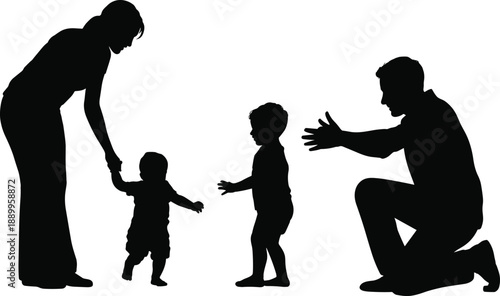 Family silhouettes with parents encouraging baby first steps, childhood development, love and parenting moments concept isolated on white backgroundFamily silhouettes with parents 