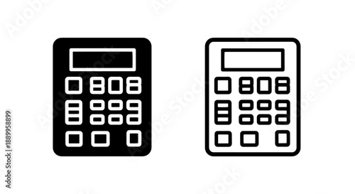 Calculator icons in black and white, with a number display and keypad, representing math and finance.