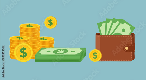 Financial illustration showcasing a brown leather wallet stuffed with green paper currency next to stacks of gold dollar coins and banknotes symbolizing wealth.
