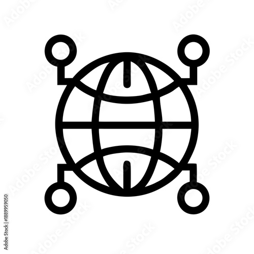 Black and white icon of globe with latitude and longitude lines and four connected nodes, symbolizing global connectivity, networking, and the internet