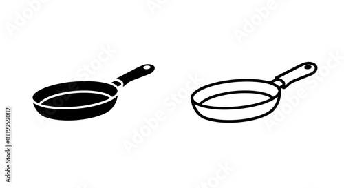 Omelette Pan Icons: Black Silhouette and Outline Cooking Vessel Graphics
