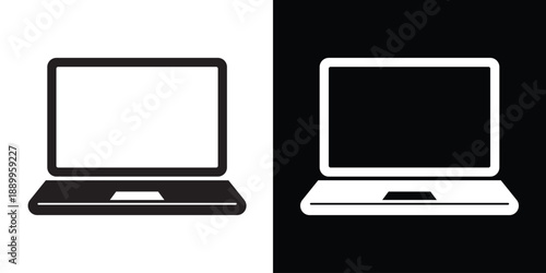 Laptop computer vector icon showing a portable workstation. Modern digital device symbol for technology, remote work, office, and internet concepts. Includes black and white versions.