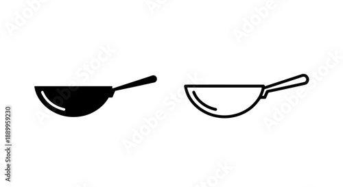Minimalist black and white vector icons depicting a wok for stir-frying and Asian cuisine.