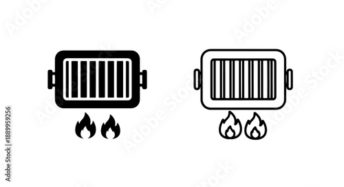 Black and white vector icons of a grill with flames, representing barbecue and outdoor cooking.