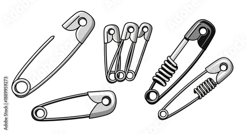 Collection of Assorted Safety Pins Vector Illustration on White Background