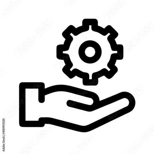 Black and white open hand icon holding gear, ideal for service, support, maintenance, and engineering UI design.