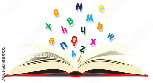 Colorful Letters Flying Out of Open Book Symbolizing Education and Imagination