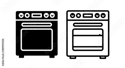 Icon set featuring black and white stoves with ovens and burners, perfect for culinary and kitchen themes.