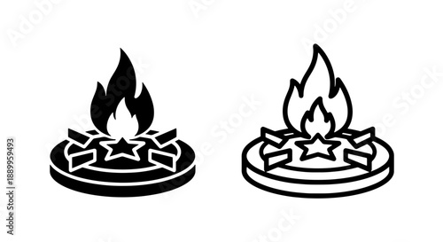 Gas stove burner icon with flame, shown in solid black and outline styles.