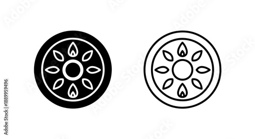 Decorative circular icons, one solid and one outlined, featuring petal or flame shapes.