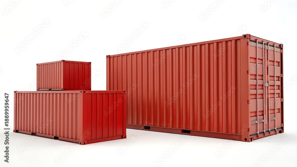 Fototapeta premium Three red shipping containers of varying sizes stacked together