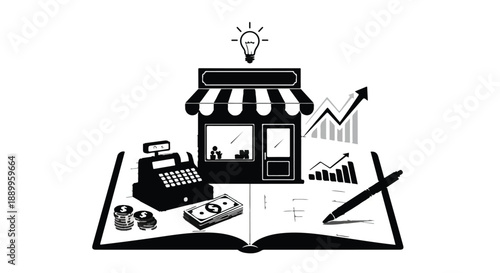 Modern small business storefront on open book creative entrepreneurship concept with office shop elements and financial graphs