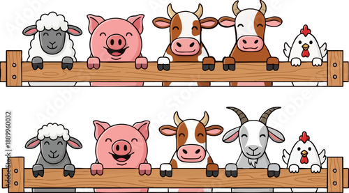 Adorable cartoon farm animals including sheep pig cow goat and chicken peeking curiously over a wooden fence banner design elements for children.