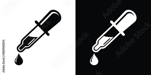 Vector eyedropper icon with liquid drop. Minimalist pipette symbol for laboratory, medical, or graphic design color picker tools. Black and white versions on contrasting backgrounds.
