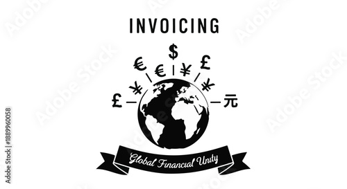 Global financial invoicing concept with world map surrounded by currency symbols on white background, representing international business and trade