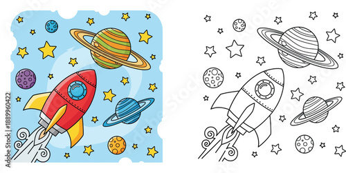Outer Space Adventure Rocket Ship and Planets Coloring Page for Kids with Colored Version Template, Cartoon Spaceship Galaxy Illustration Set for Children Activity Book Vector