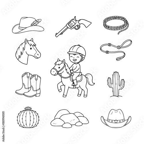 Cowboy Line Art Icons Set with Hat Lasso and Western Elements Vector