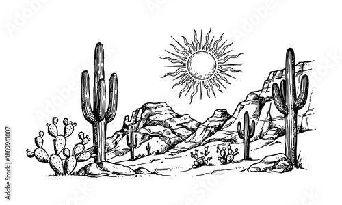 Cactus Desert Landscape with Sun and Mountains Sketch Vector Illustration