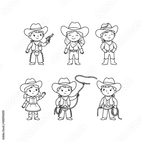 Cute Cowboy Characters Line Art Set Western Cartoon Figures Vector