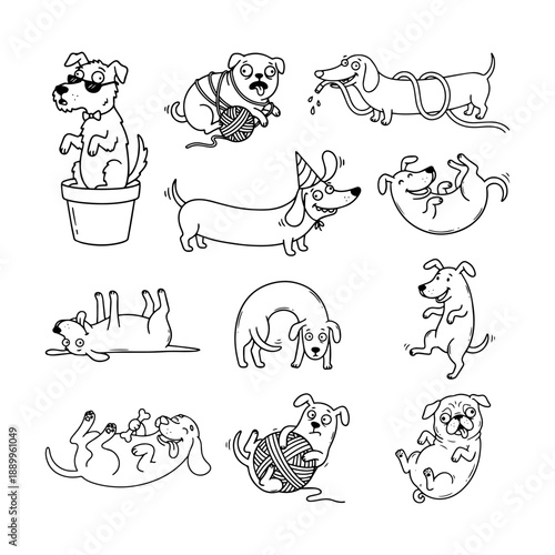 Cute Puppy Line Art Set Funny Dog Poses Vector Illustration