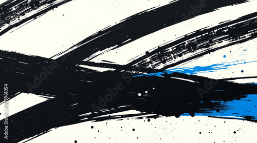 Dynamic abstract painting with bold black brushstrokes and a splash of blue on a light background, featuring expressive splatters.