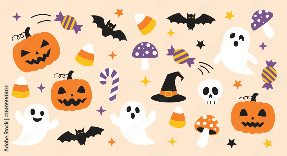 Fototapeta premium Cute Halloween Characters and Candies: Pumpkins, Ghosts, Bats, and Mushrooms