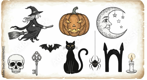 Halloween Icons Collection: Witch, Pumpkin, Cat, Spider, Moon, Skull, Candle, Key