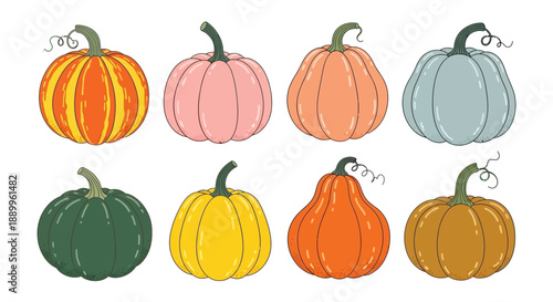 Collection of Diverse Pumpkins in Various Colors and Sizes for Autumn Decoration