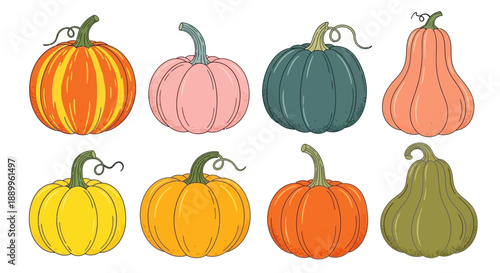 Collection of diverse, vibrantly colored pumpkins and gourds isolated on white background
