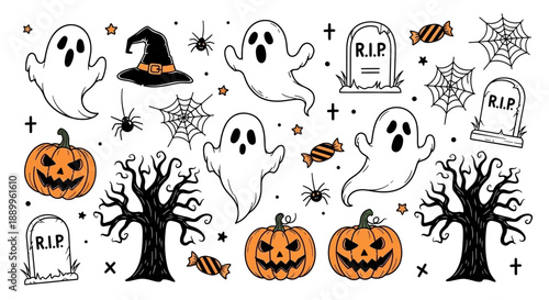 Halloween Party Elements: Ghosts, Pumpkins, Spiders, Tombstones, and Candy