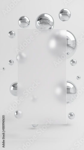 Wallpaper Mural Glass morphism square frame with floating chrome sphere for product display on white color background. 3D Rendering. Abstract minimal concept. Vertical. Torontodigital.ca