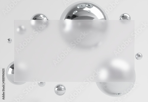 Wallpaper Mural Glass morphism square frame with floating chrome sphere for product display on white color background. 3D Rendering. Abstract minimal concept. Torontodigital.ca