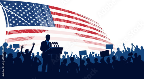 Political Rally Silhouette with American Flag Background and Audience Holding Signs