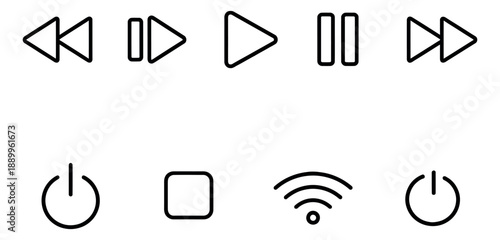 Line art user interface icon set featuring media player controls, power, wifi, and stop buttons for web design