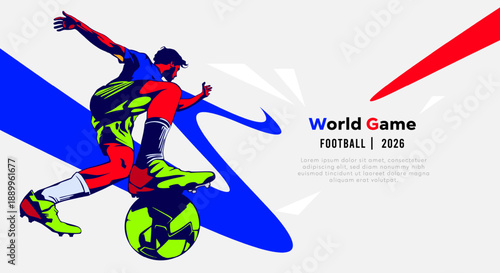 Dynamic soccer player action in flat vector style with geometric background elements. Modern sports conceptual art for athletic competition, football tournament, and professional fitness branding.